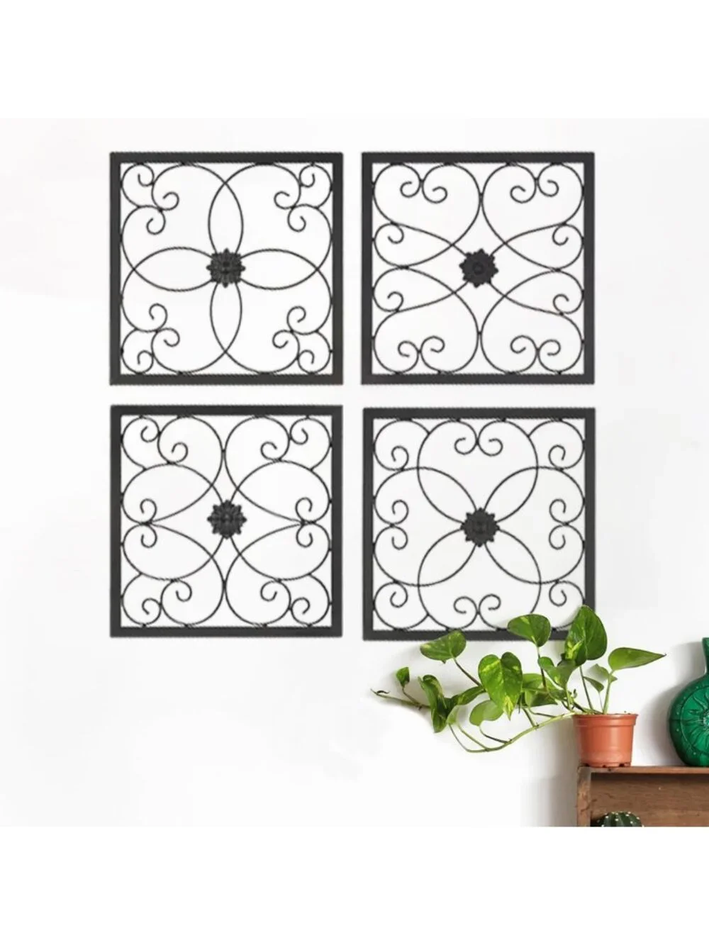 Rustic Farmhouse Metal Wall Decor Set of 4 | Scroll Art Sculpture for Indoor